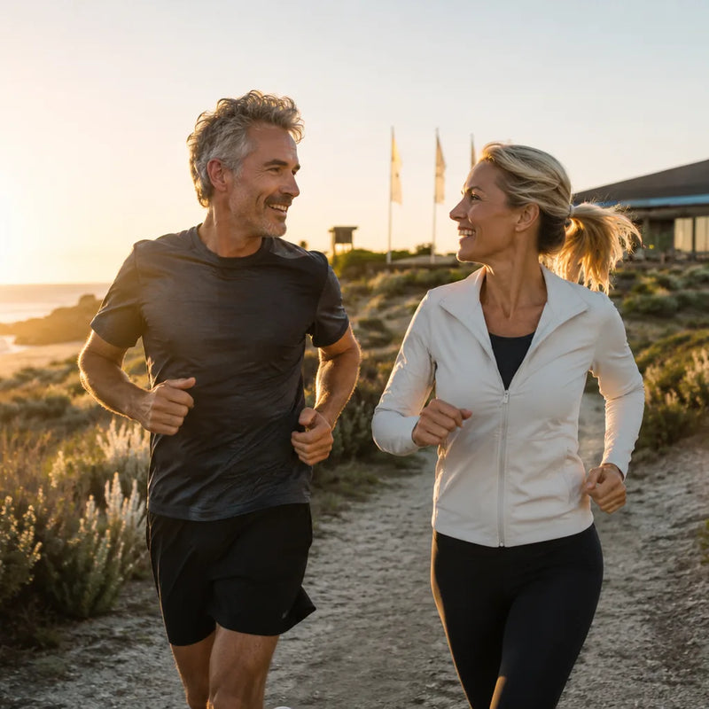 Mature couple jogging outdoors for heart health – Lester cholesterol support gummies