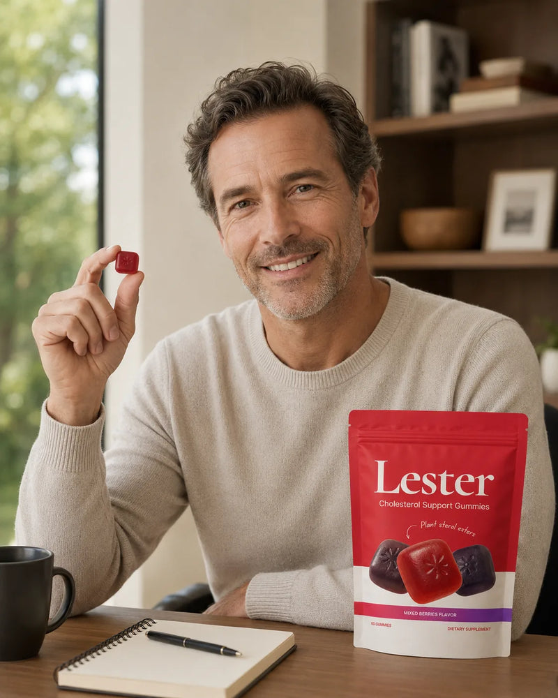 Man holding a red Lester cholesterol support gummy at home