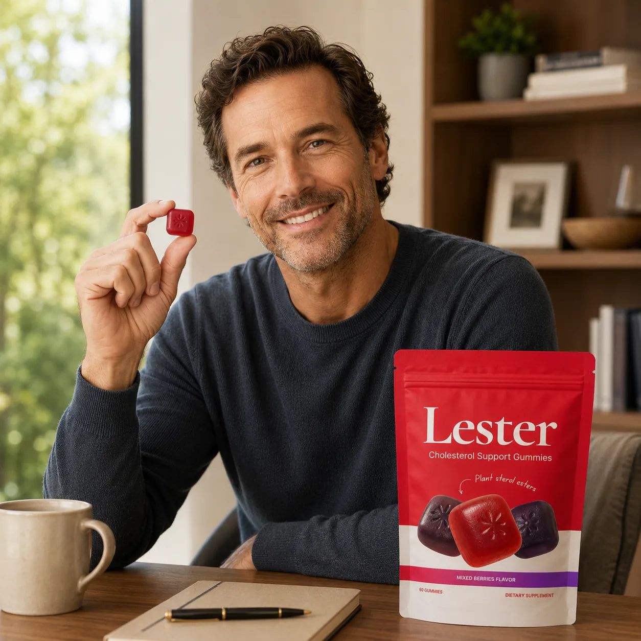 Mature man taking a Lester cholesterol support gummy at home