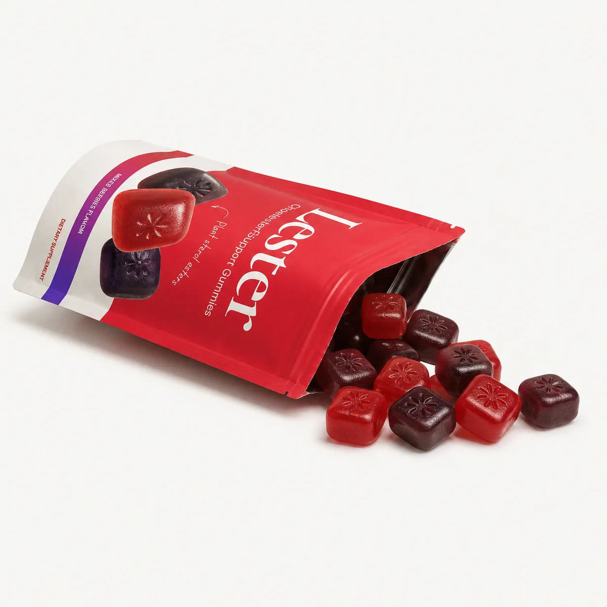 Lester cholesterol support gummies spilling from the pouch on a white background