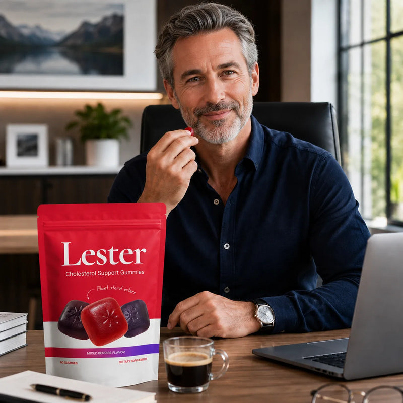 Professional man eating a Lester cholesterol support gummy in his office