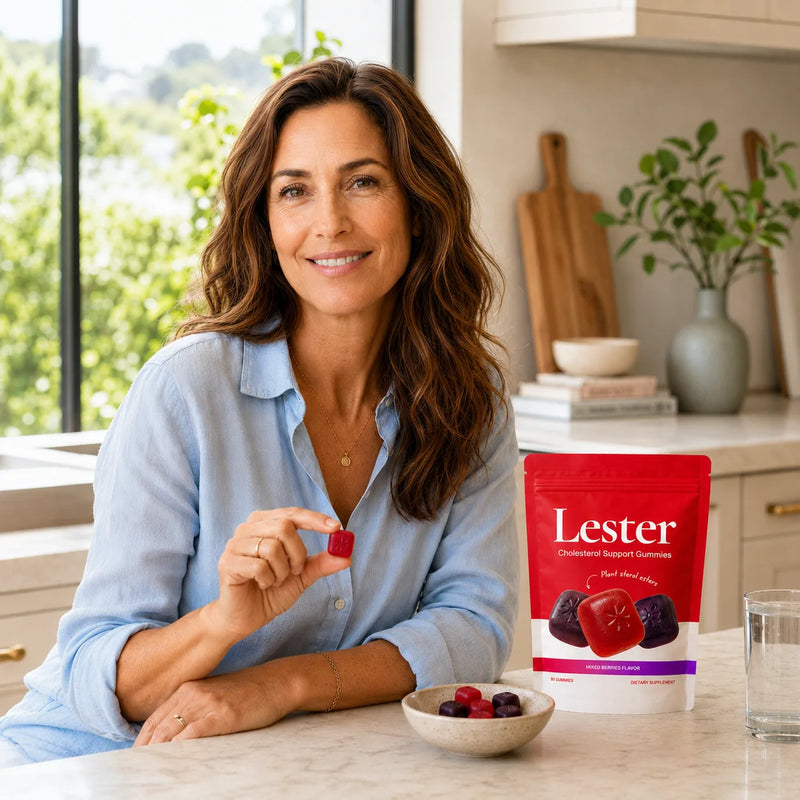 Woman in a kitchen holding a Lester cholesterol support gummy